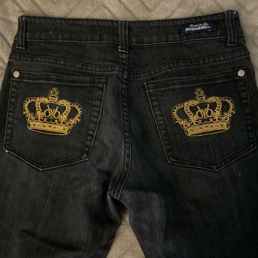 Rock & Republic Black and Gold Jeans with Ornate Crown Design